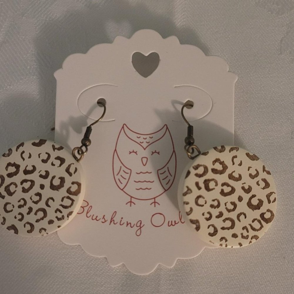 Leopard Print Wood Earrings- White and Gold